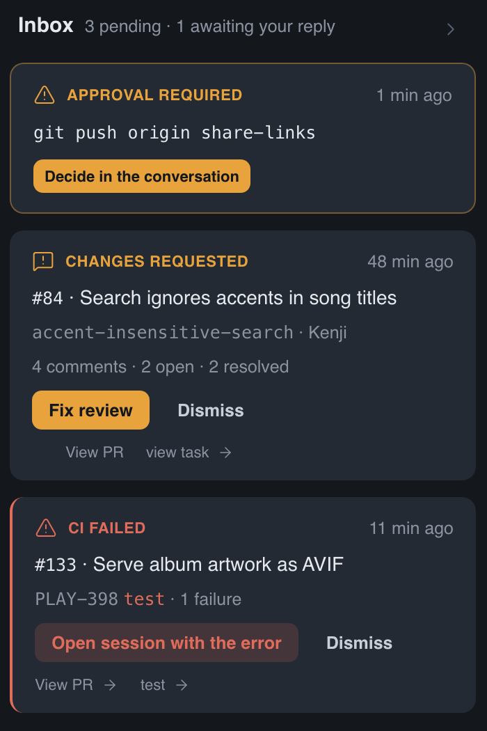 The inbox: an approval for git push, a review with four comments asking for changes, and a failed CI run.