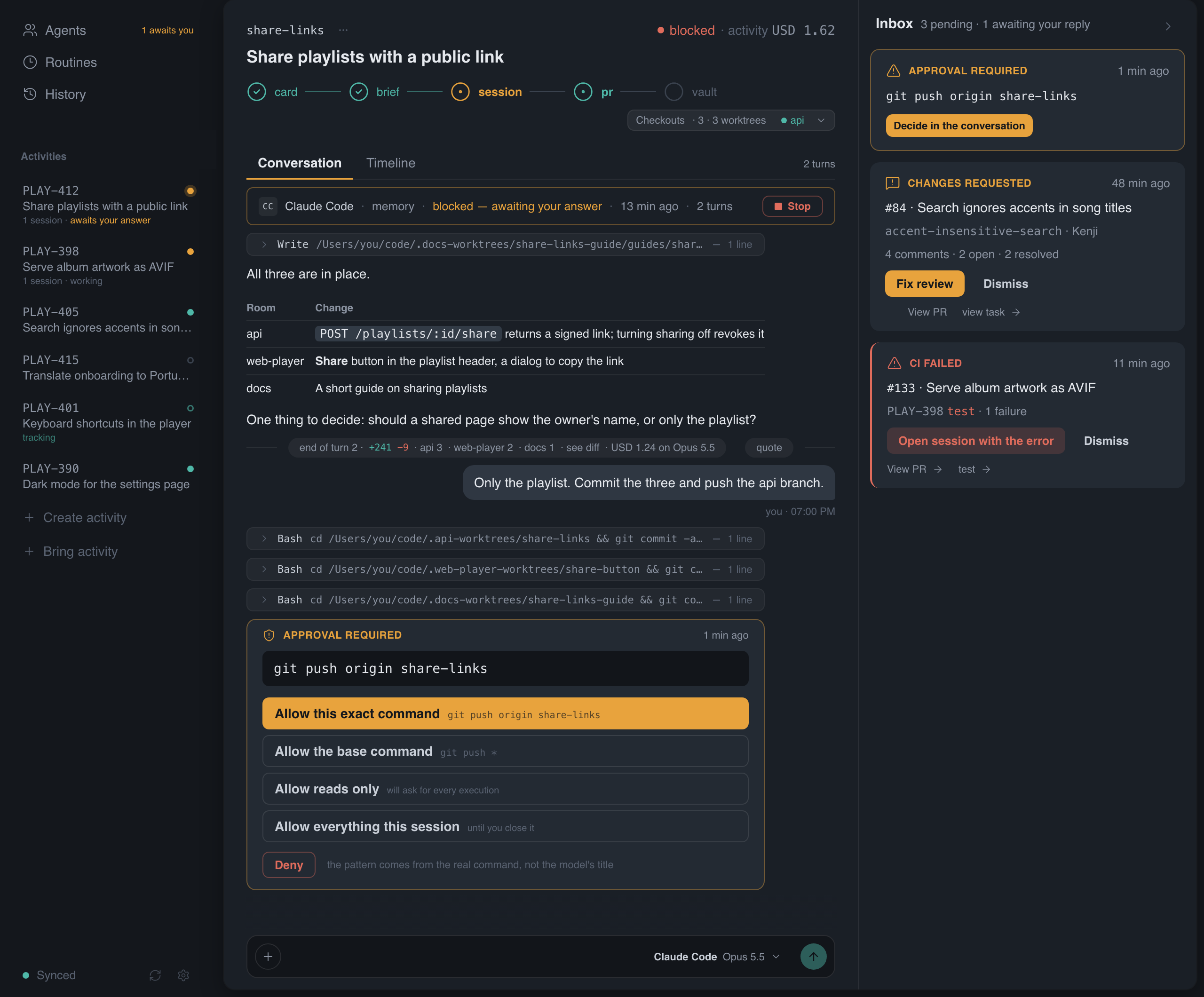 The Modus window: a list of tasks, a conversation where Claude Code added playlist sharing across the api, web-player and docs repositories and now waits for approval to push, and the inbox with a review and a failed CI run.